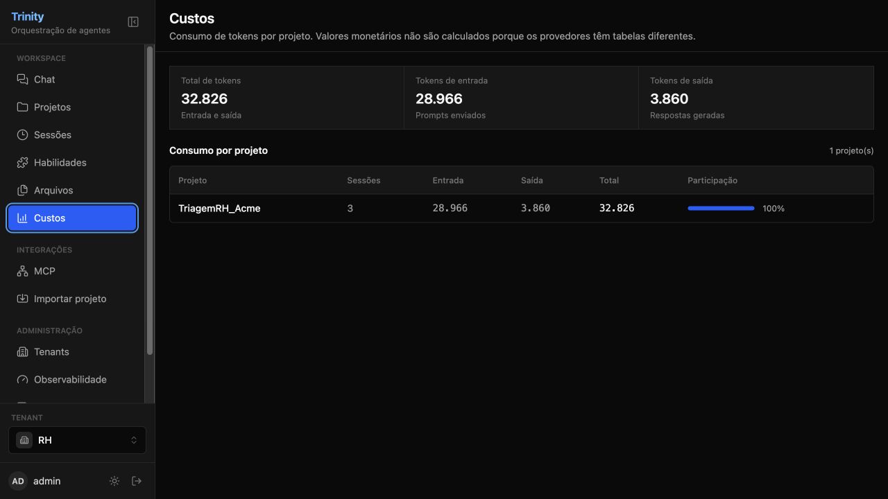 Tela de custos da Trinity